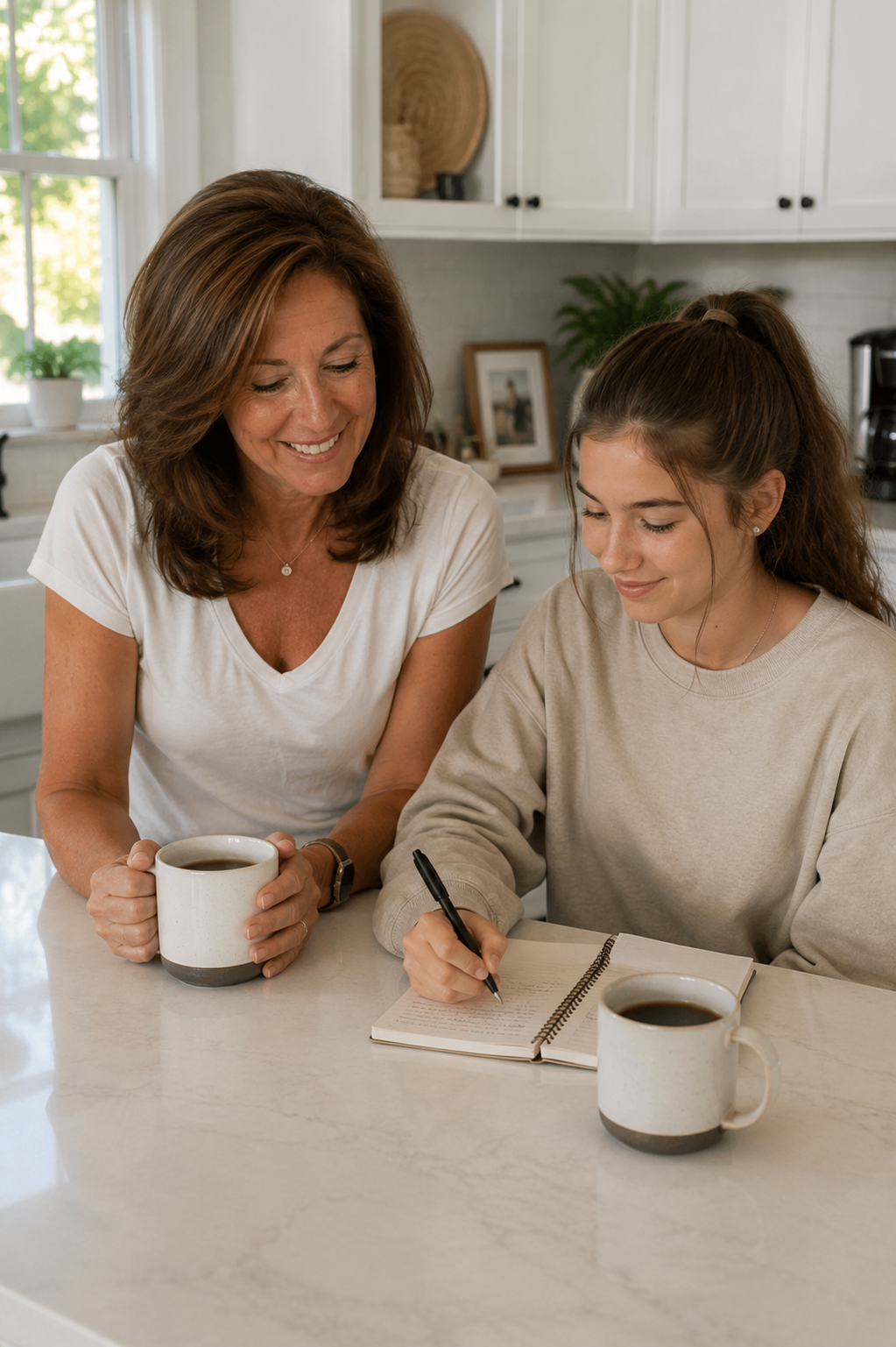 Mother and daughter laughing together in kitchen